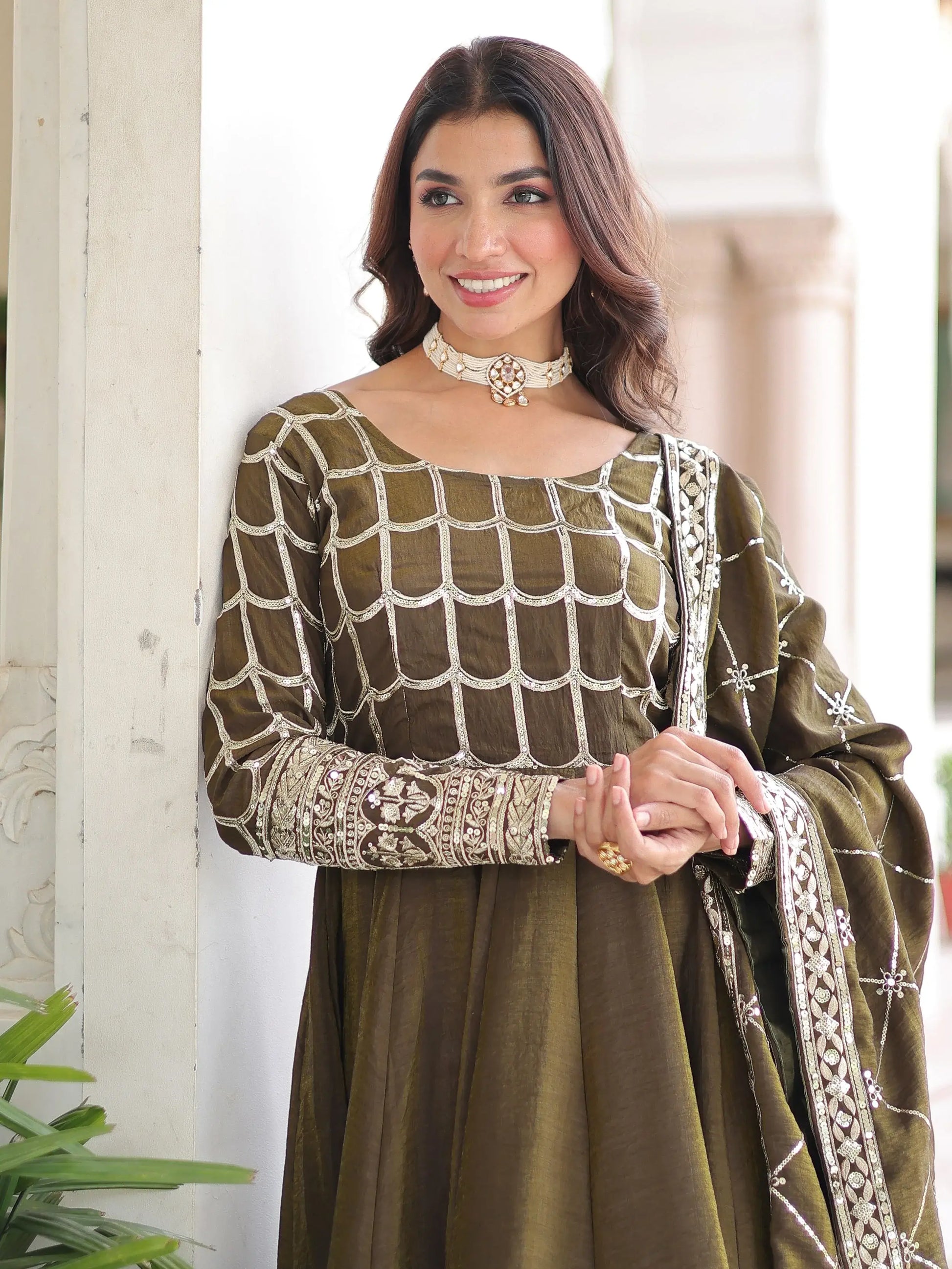 Classic Mehendi Green Sequins Silk Marriage Wear Gown With Dupatta