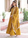 Stunning Mustard Yellow Zari Embroidery Silk Festive Wear Gown With Dupatta