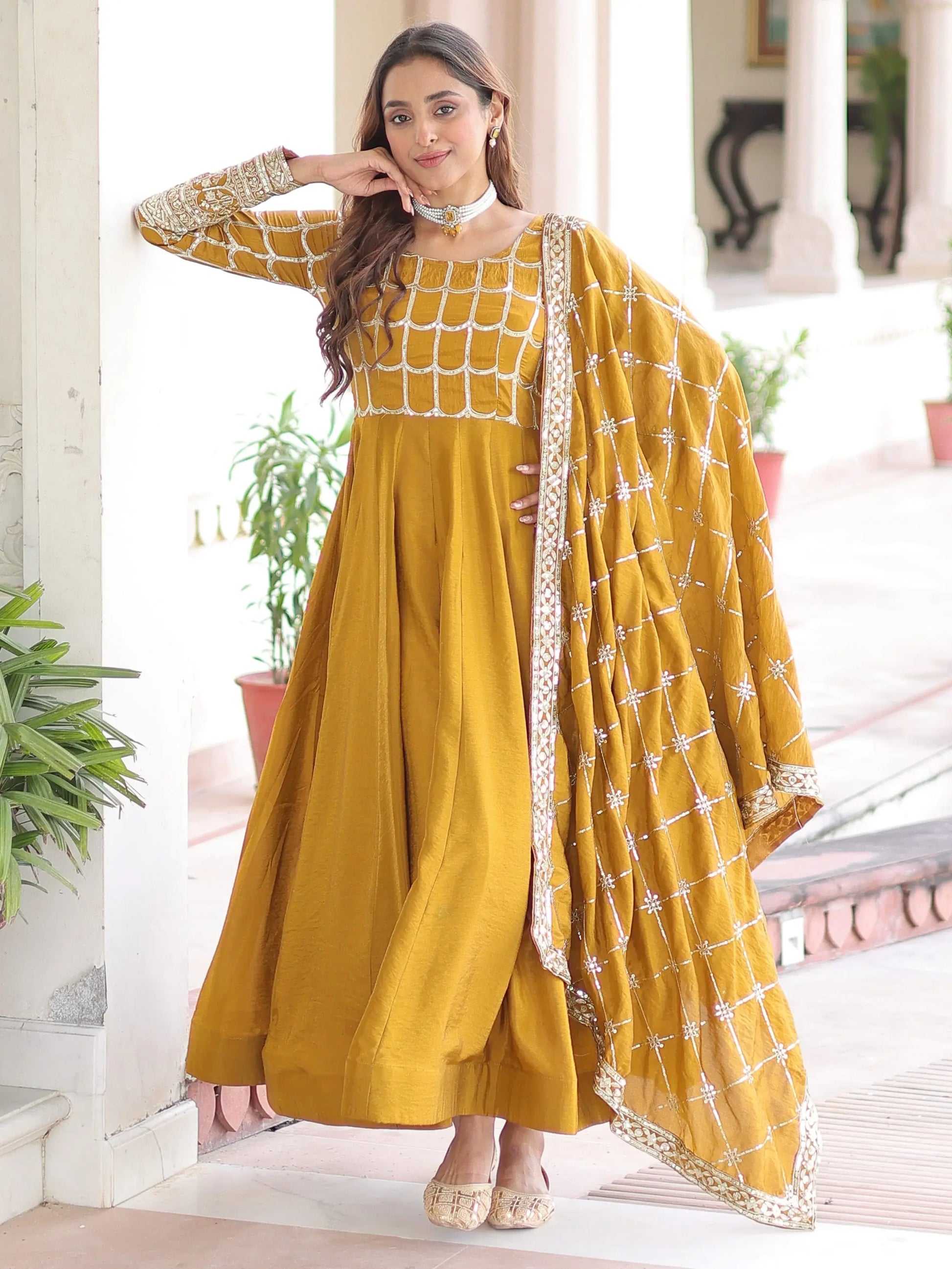 Stunning Mustard Yellow Zari Embroidery Silk Festive Wear Gown With Dupatta