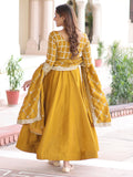 Stunning Mustard Yellow Zari Embroidery Silk Festive Wear Gown With Dupatta