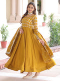 Stunning Mustard Yellow Zari Embroidery Silk Festive Wear Gown With Dupatta