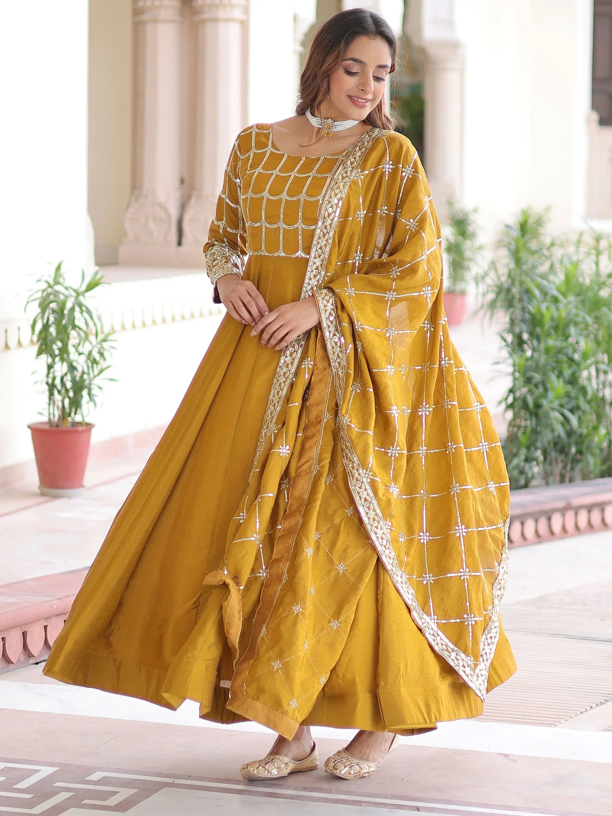 Stunning Mustard Yellow Zari Embroidery Silk Festive Wear Gown With Dupatta