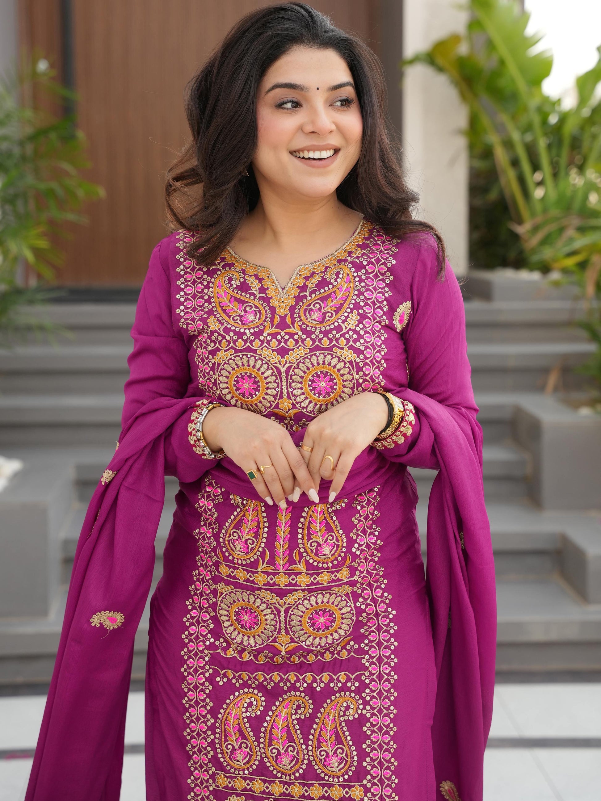 Charming Purple Zari Work Chinon Evening Wear Salwar With Dupatta