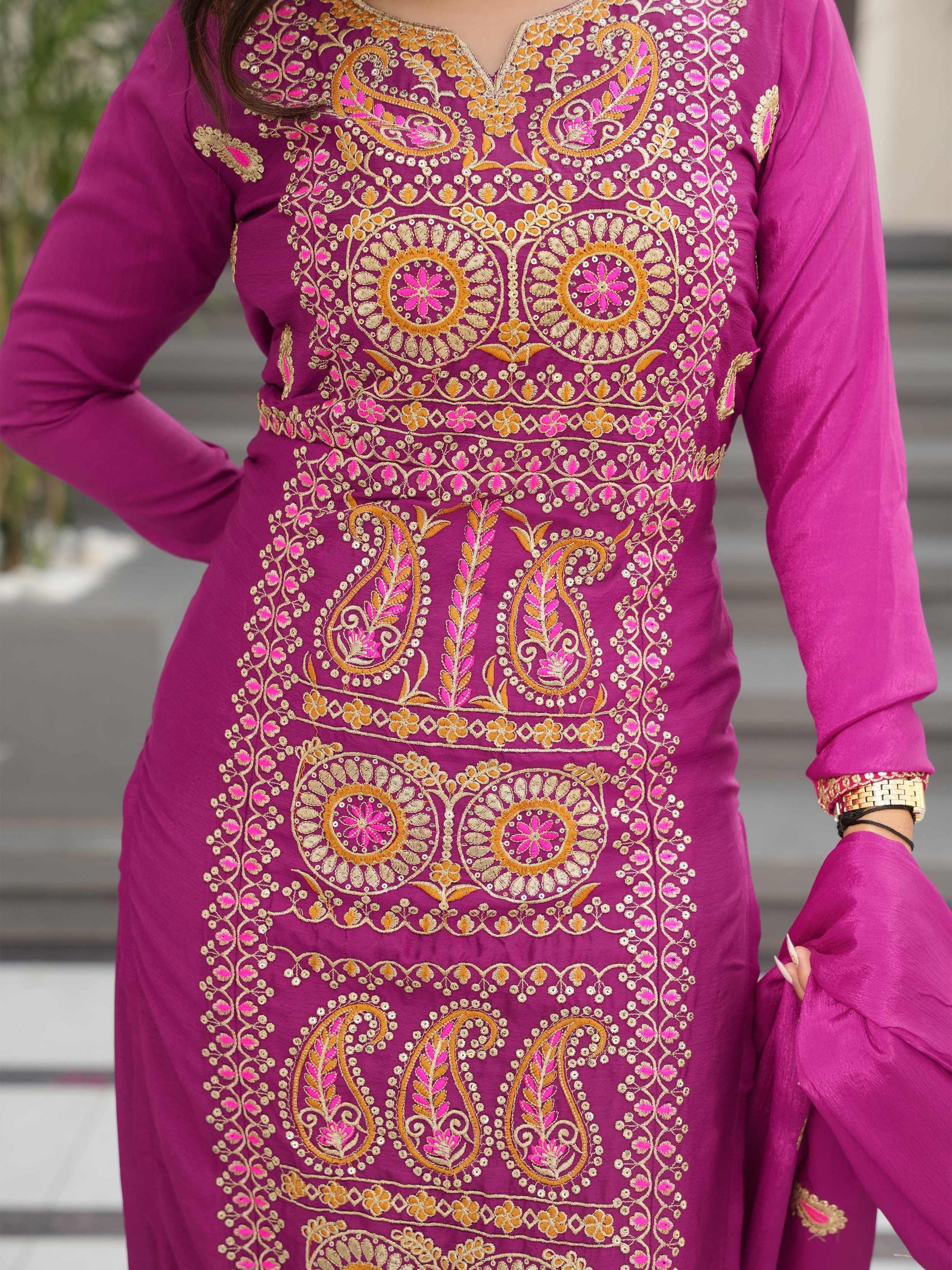 Charming Purple Zari Work Chinon Evening Wear Salwar With Dupatta