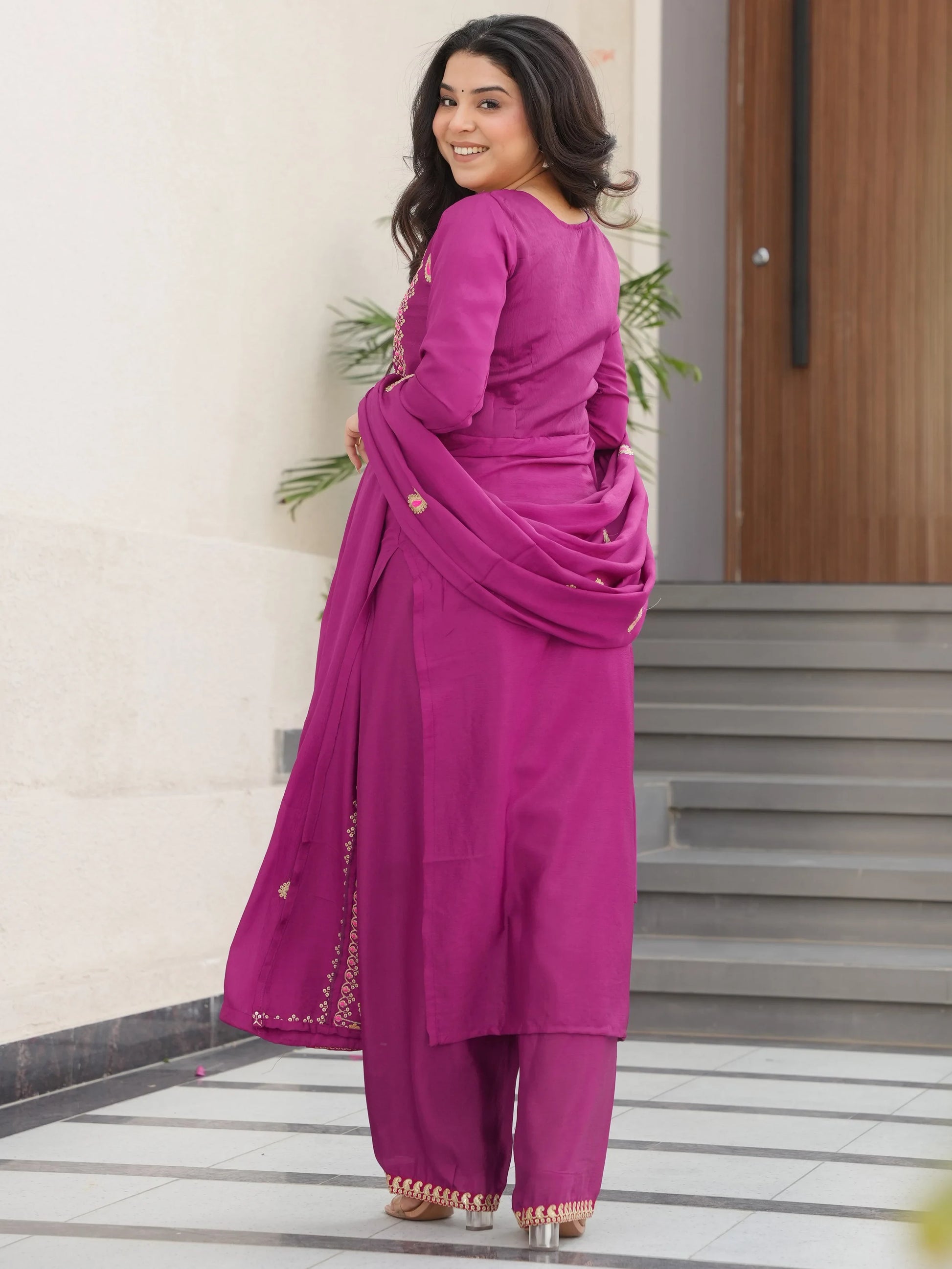Charming Purple Zari Work Chinon Evening Wear Salwar With Dupatta