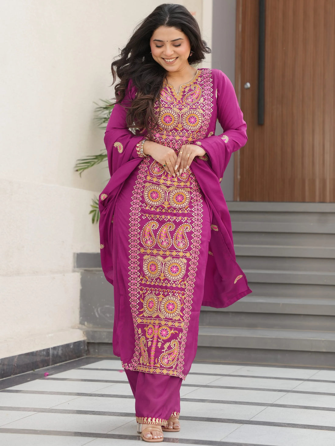 Charming Purple Zari Work Chinon Evening Wear Salwar With Dupatta