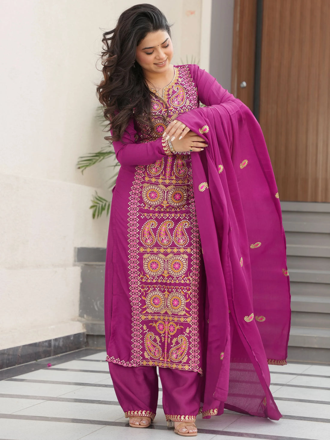 Charming Purple Zari Work Chinon Evening Wear Salwar With Dupatta
