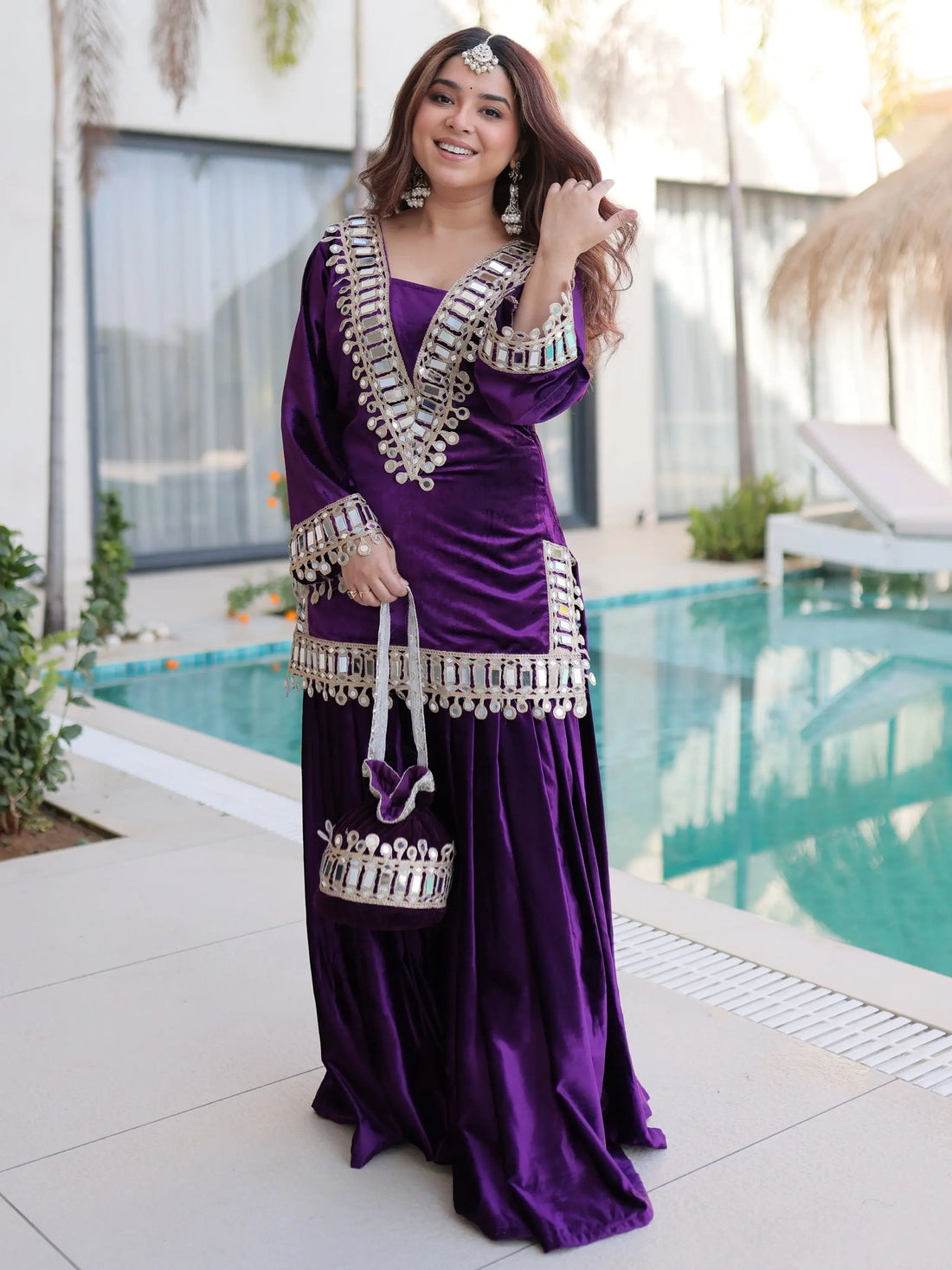 Classic Purple Zari Embroidered Velvet Wedding Wear Top With Palazzo