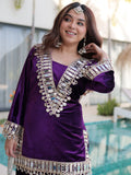 Classic Purple Zari Embroidered Velvet Wedding Wear Top With Palazzo