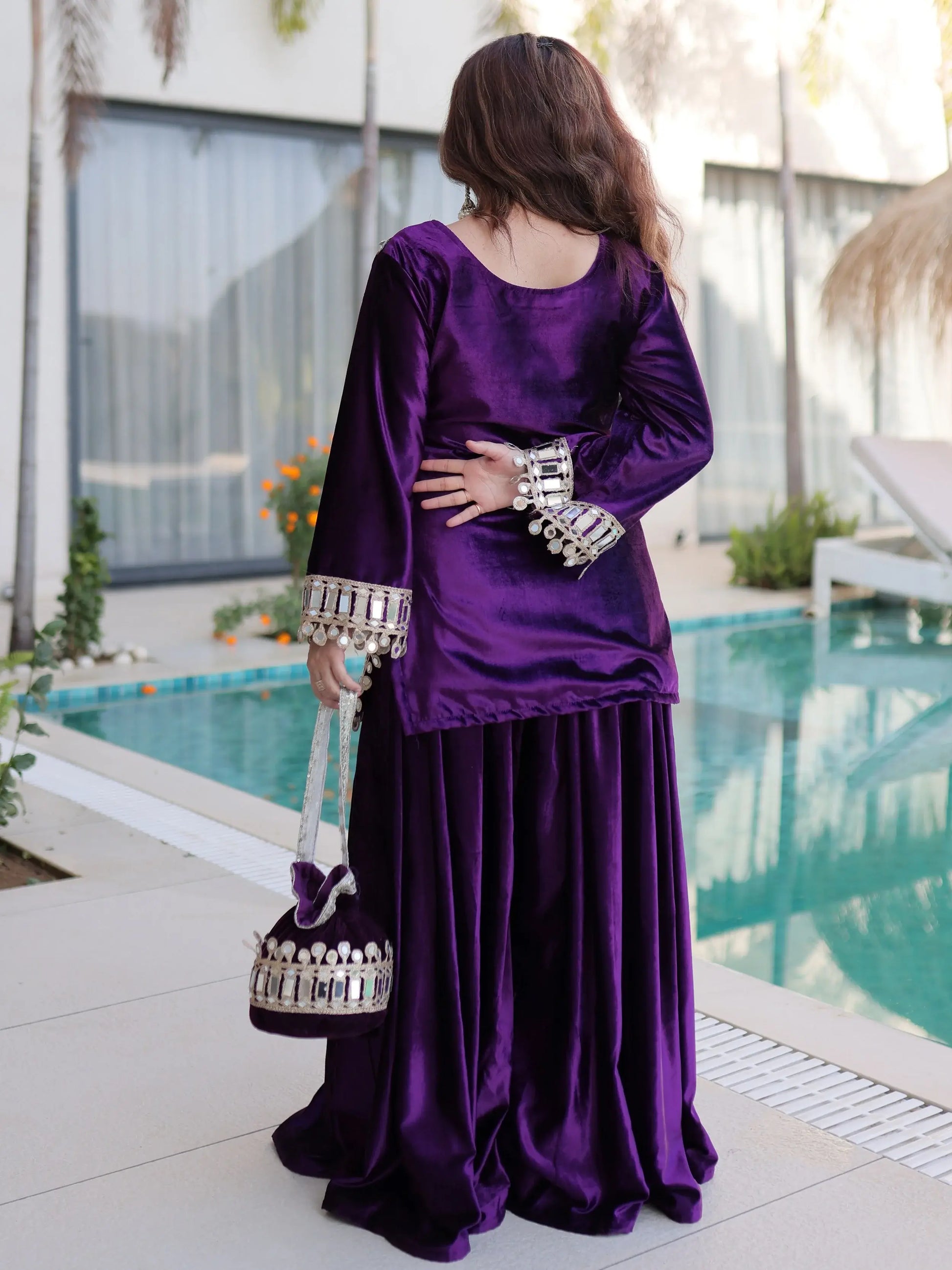 Classic Purple Zari Embroidered Velvet Wedding Wear Top With Palazzo