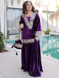 Classic Purple Zari Embroidered Velvet Wedding Wear Top With Palazzo