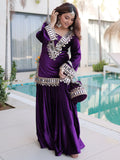 Classic Purple Zari Embroidered Velvet Wedding Wear Top With Palazzo