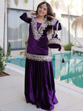 Classic Purple Zari Embroidered Velvet Wedding Wear Top With Palazzo