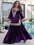 Classic Purple Zari Embroidered Velvet Wedding Wear Top With Palazzo