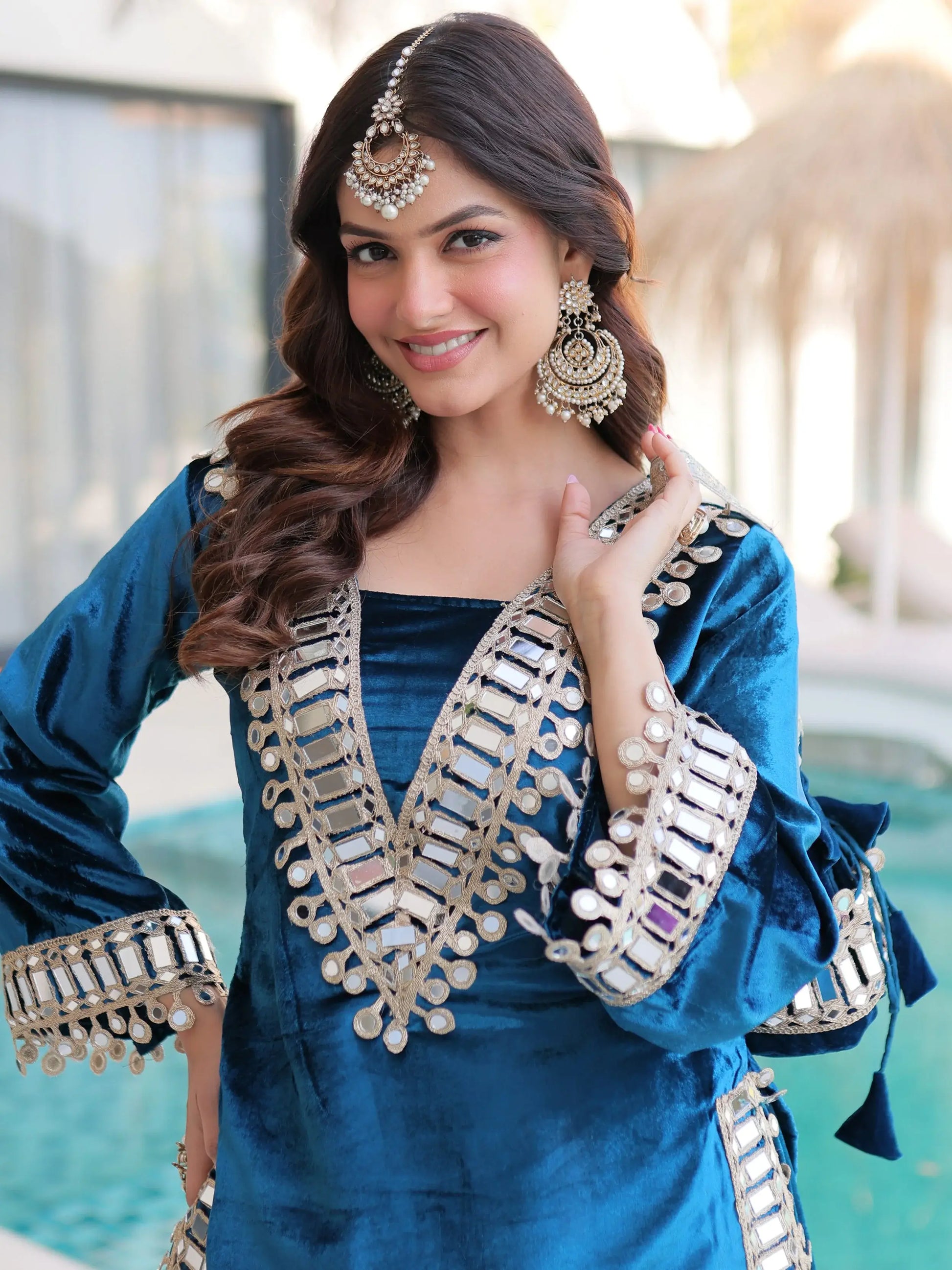 Stylish Teal Blue Mirror Work Velvet Party Wear Top With Palazzo