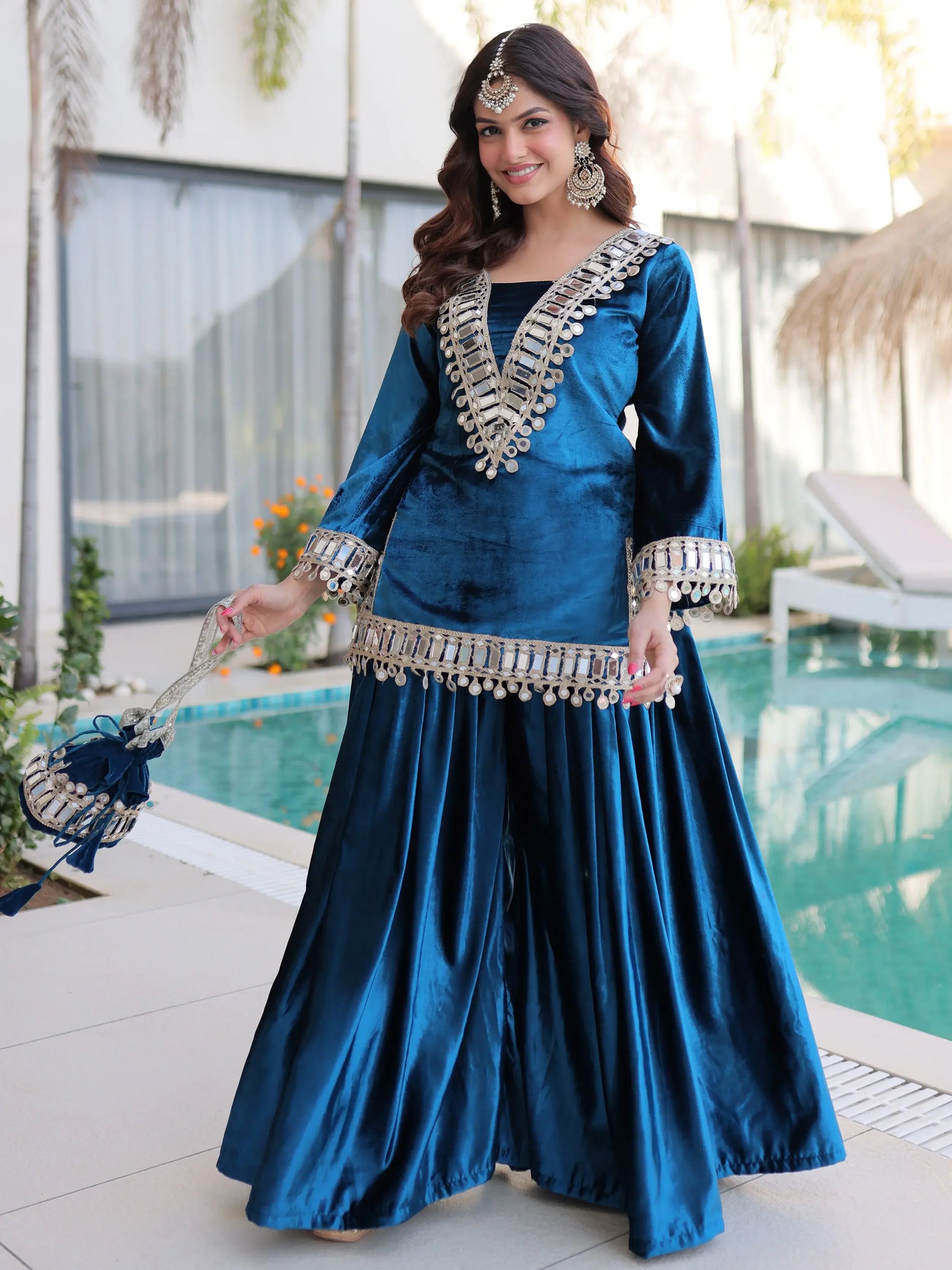 Stylish Teal Blue Mirror Work Velvet Party Wear Top With Palazzo