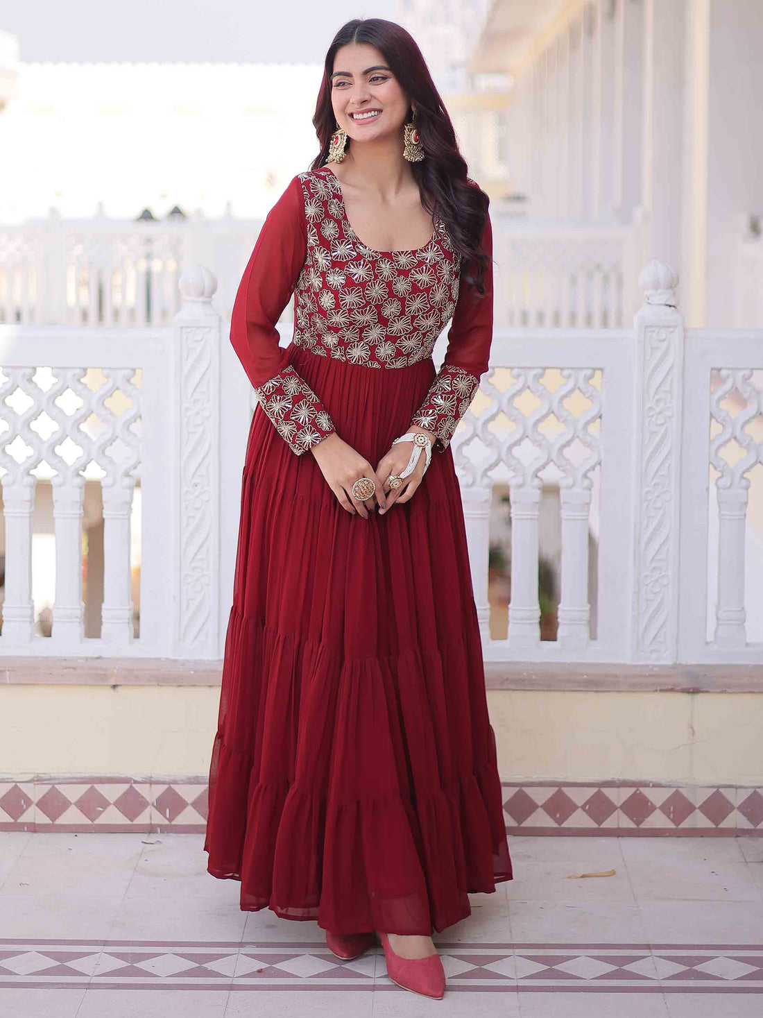 Incredible Maroon Zari Embroidered Georgette Festival Wear Gown