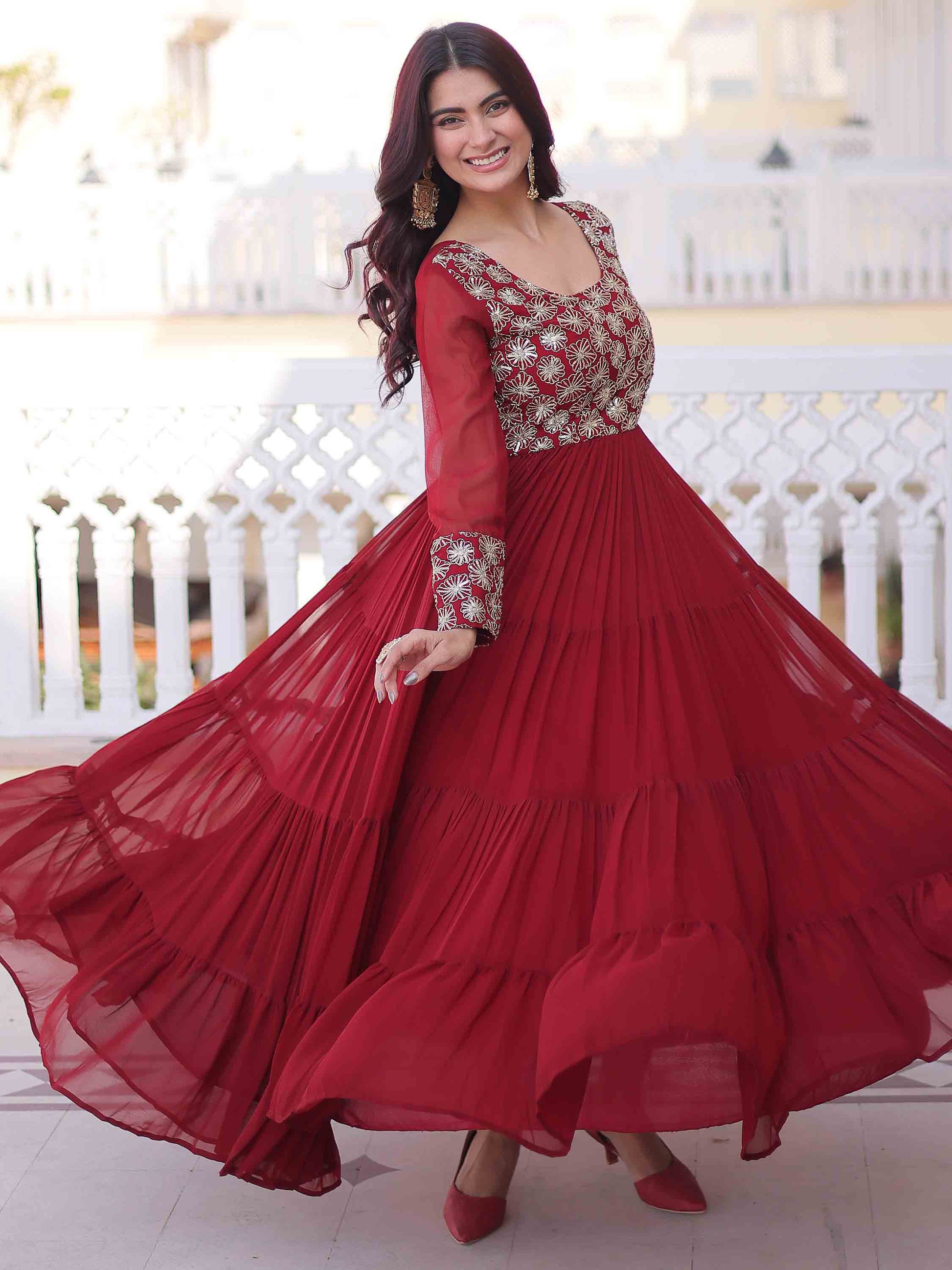 Incredible Maroon Zari Embroidered Georgette Festival Wear Gown