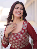 Incredible Maroon Zari Embroidered Georgette Festival Wear Gown