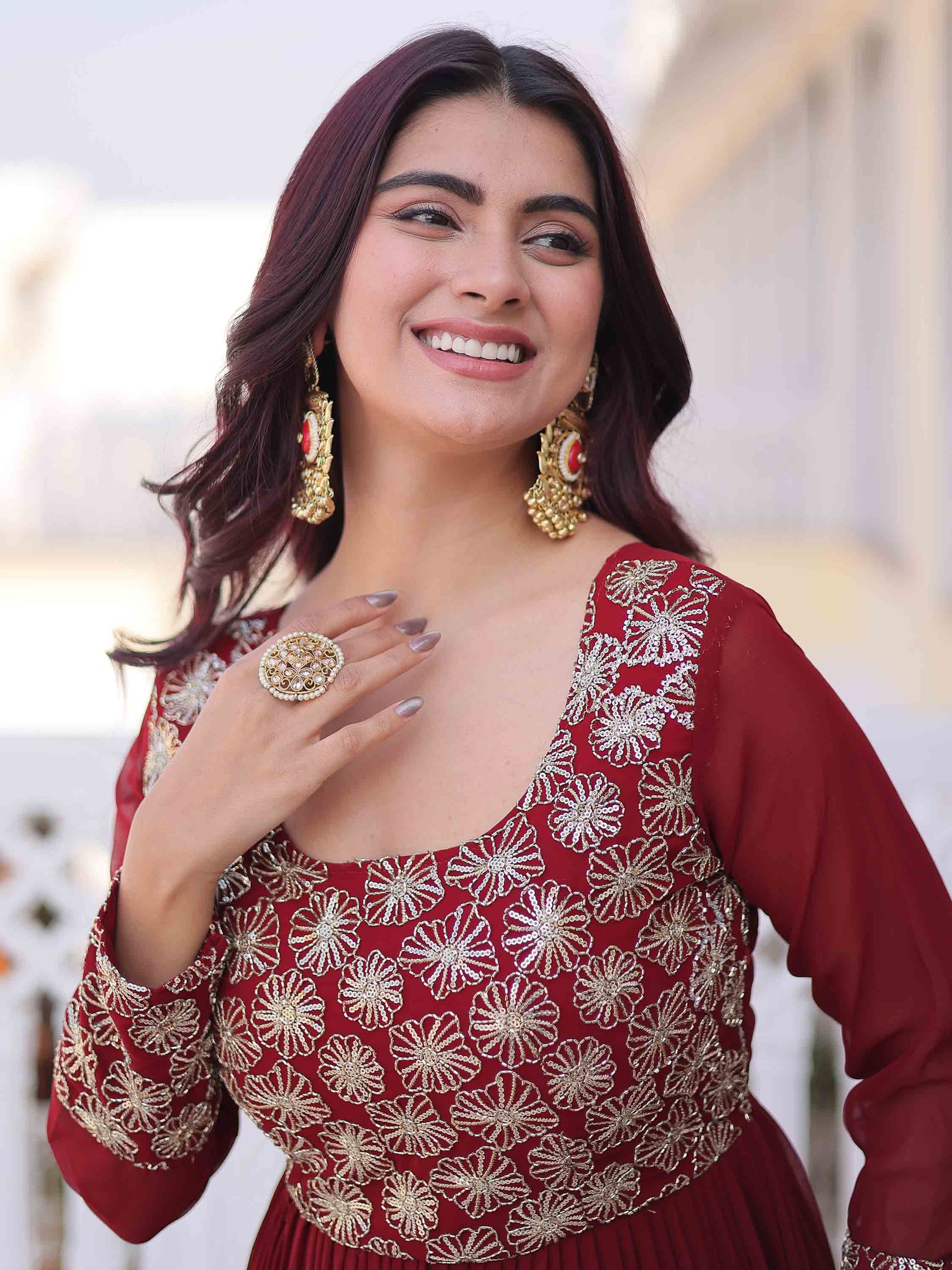 Incredible Maroon Zari Embroidered Georgette Festival Wear Gown