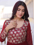 Incredible Maroon Zari Embroidered Georgette Festival Wear Gown