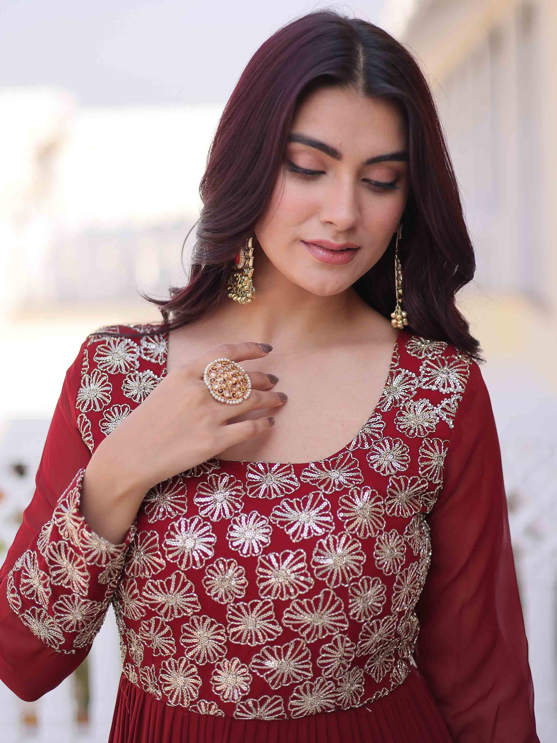 Incredible Maroon Zari Embroidered Georgette Festival Wear Gown