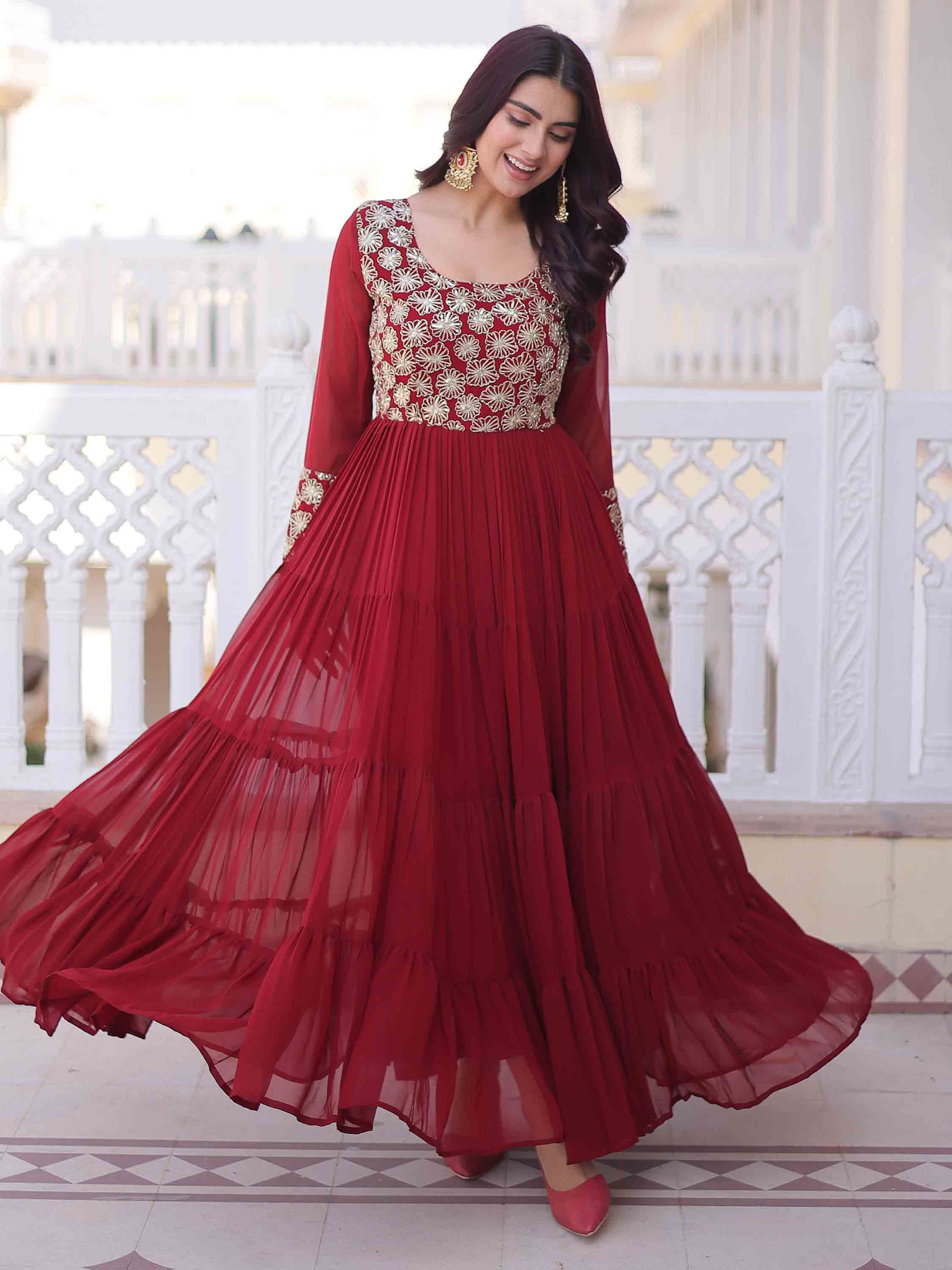 Incredible Maroon Zari Embroidered Georgette Festival Wear Gown