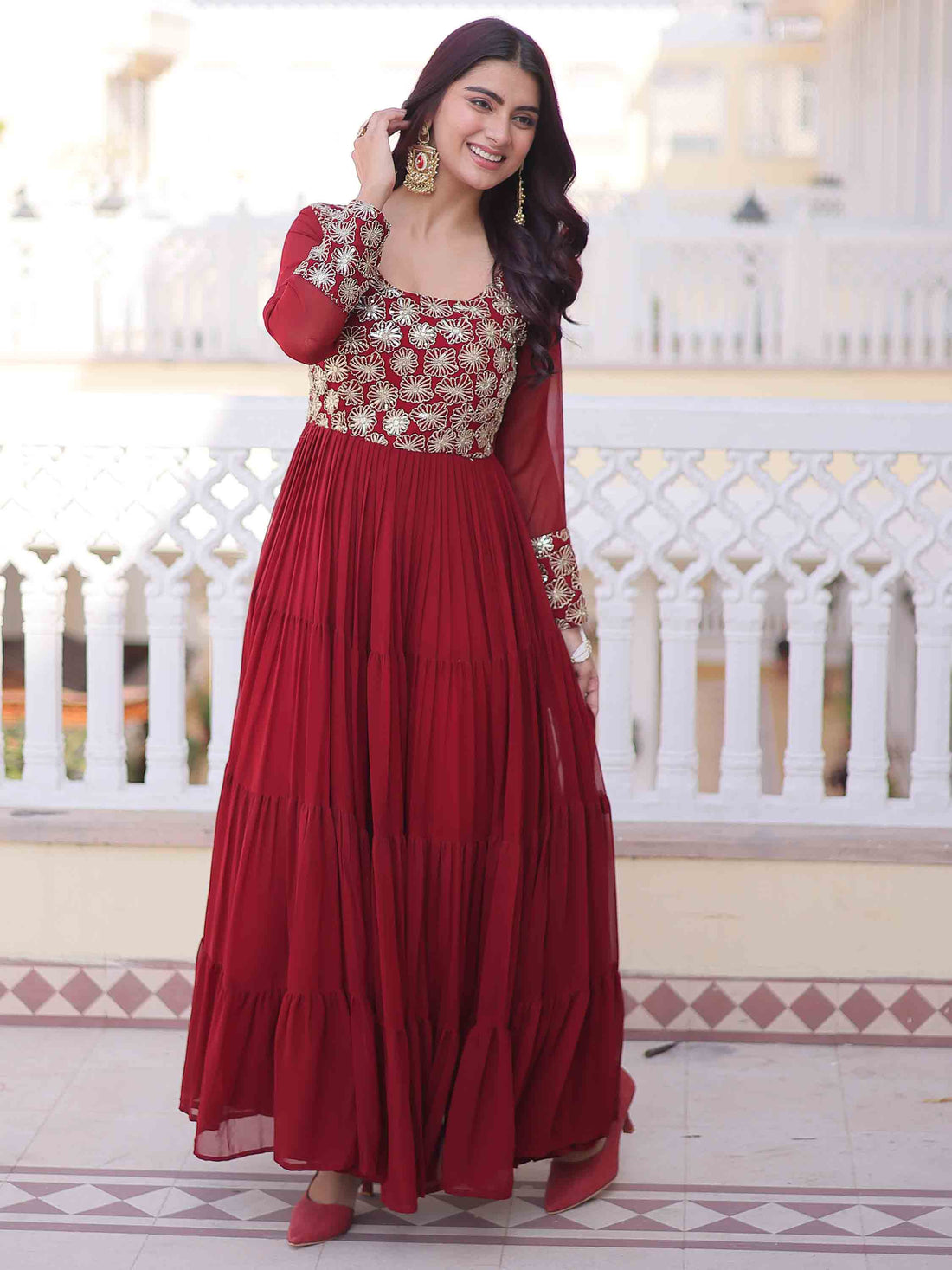 Incredible Maroon Zari Embroidered Georgette Festival Wear Gown