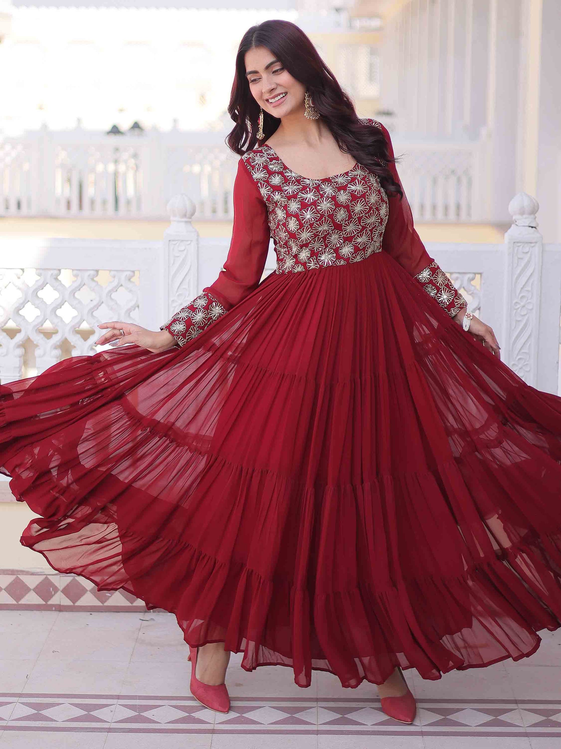 Incredible Maroon Zari Embroidered Georgette Festival Wear Gown