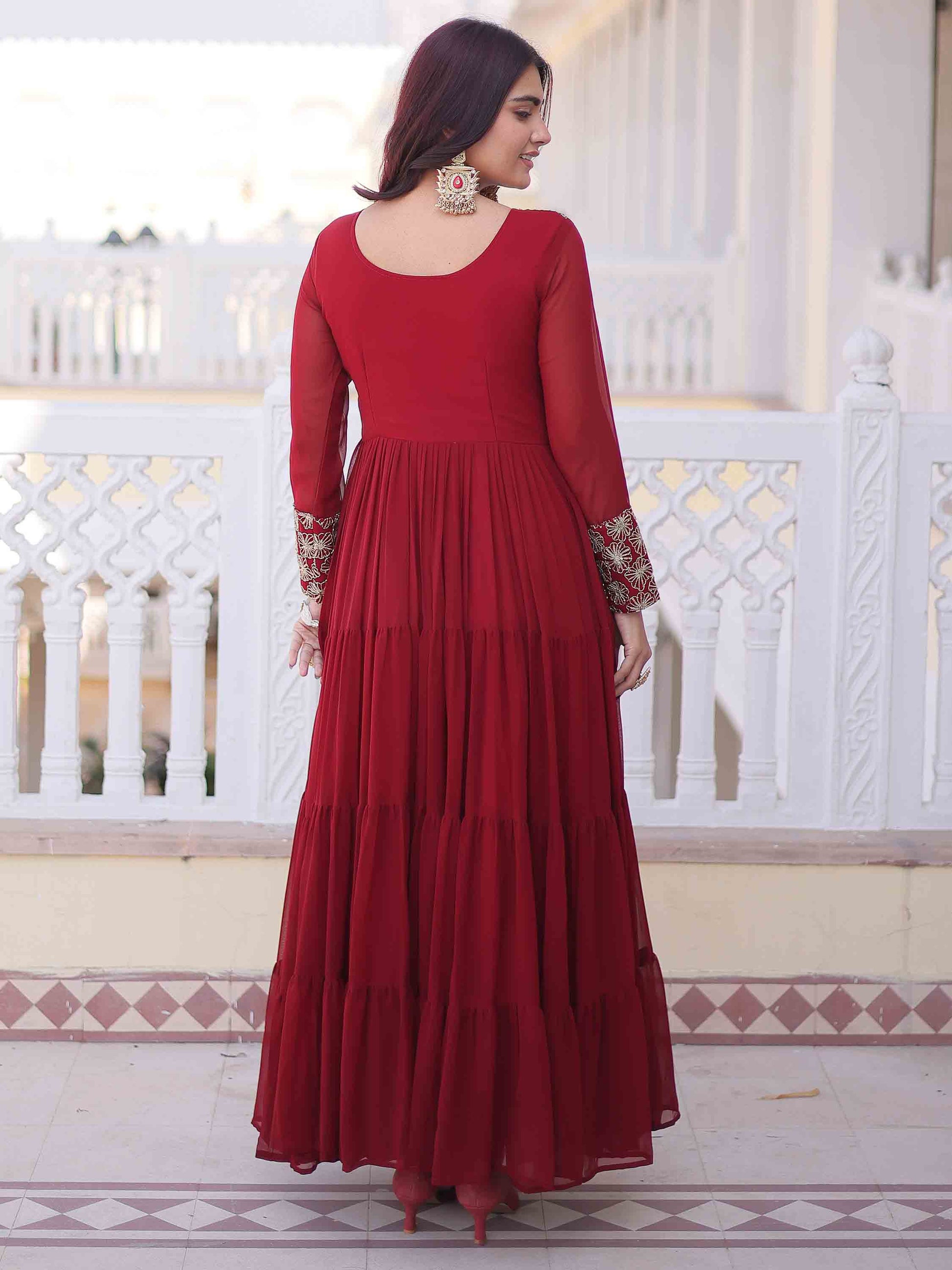 Incredible Maroon Zari Embroidered Georgette Festival Wear Gown