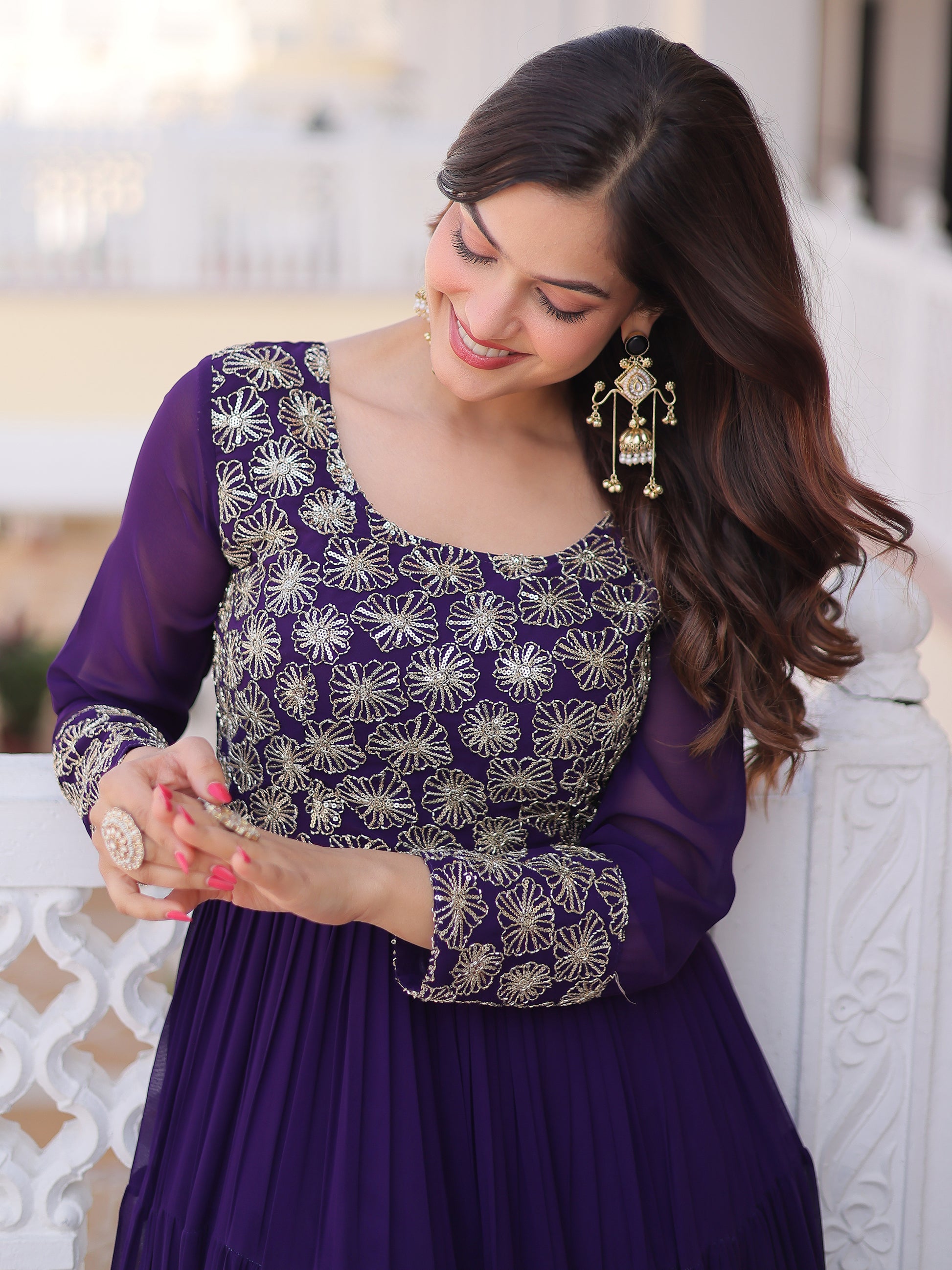 Sparkling Purple Zari Embroidered Georgette Event Wear Gown