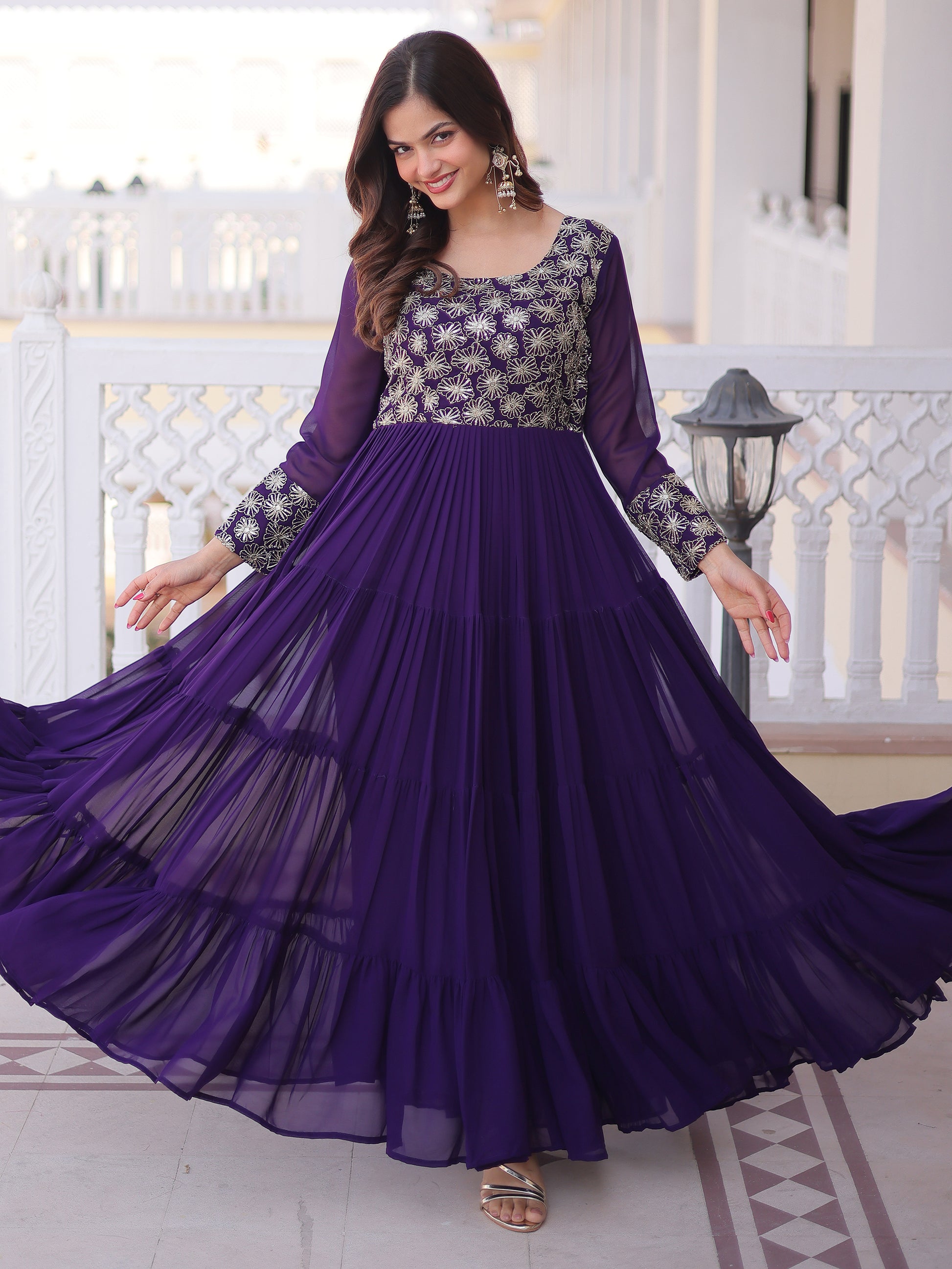 Sparkling Purple Zari Embroidered Georgette Event Wear Gown