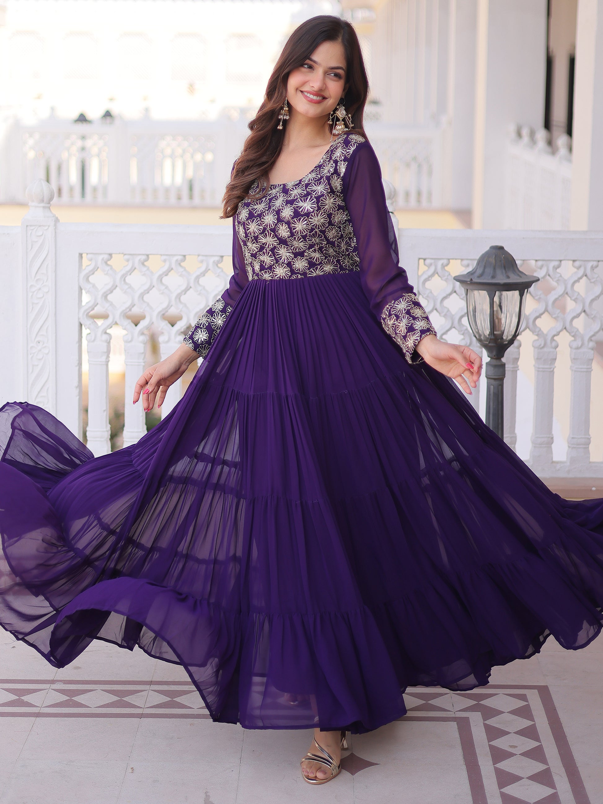 Sparkling Purple Zari Embroidered Georgette Event Wear Gown