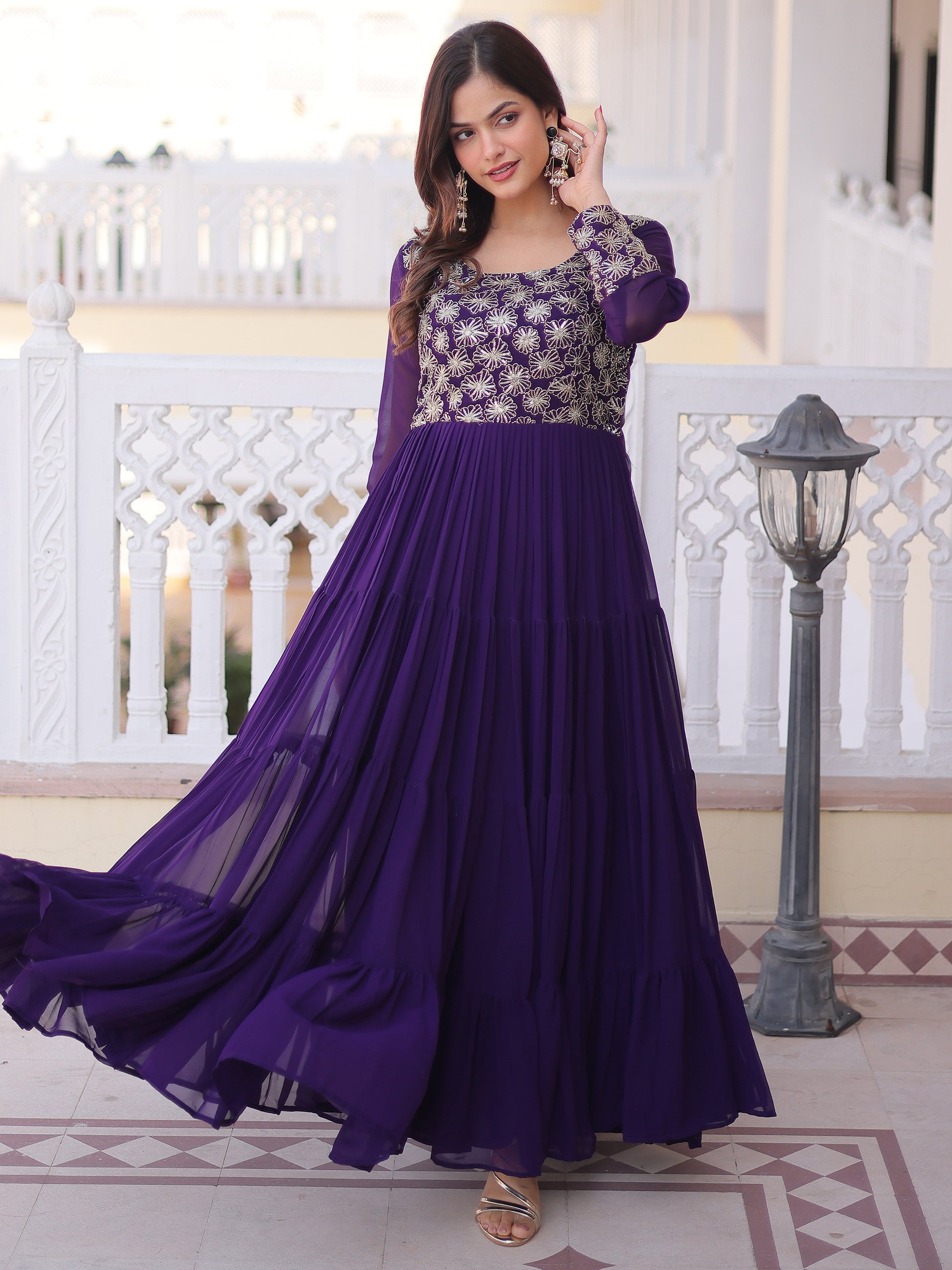 Sparkling Purple Zari Embroidered Georgette Event Wear Gown