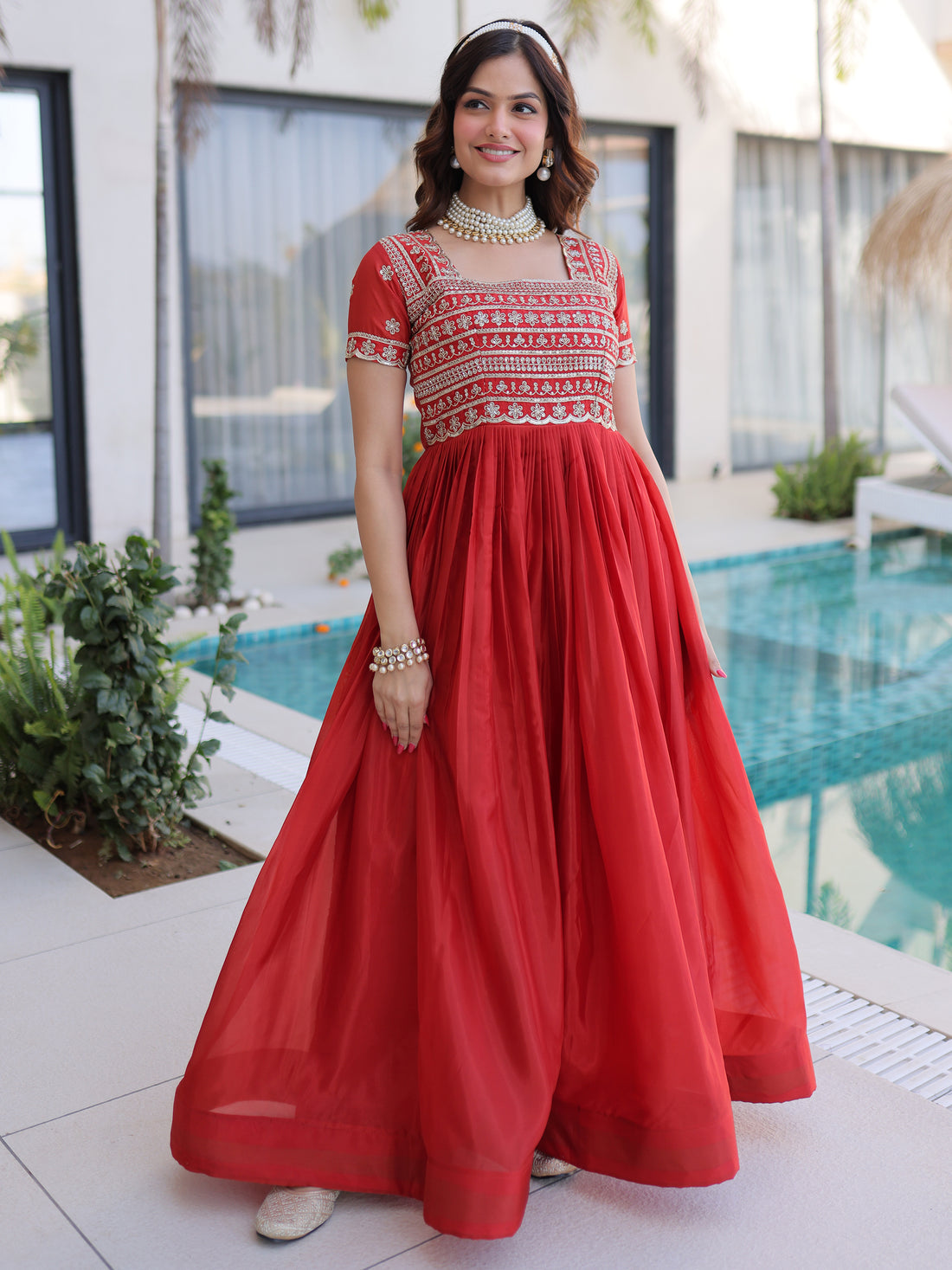 Incredible Red Beads Work Silk Engagement Wear Gown