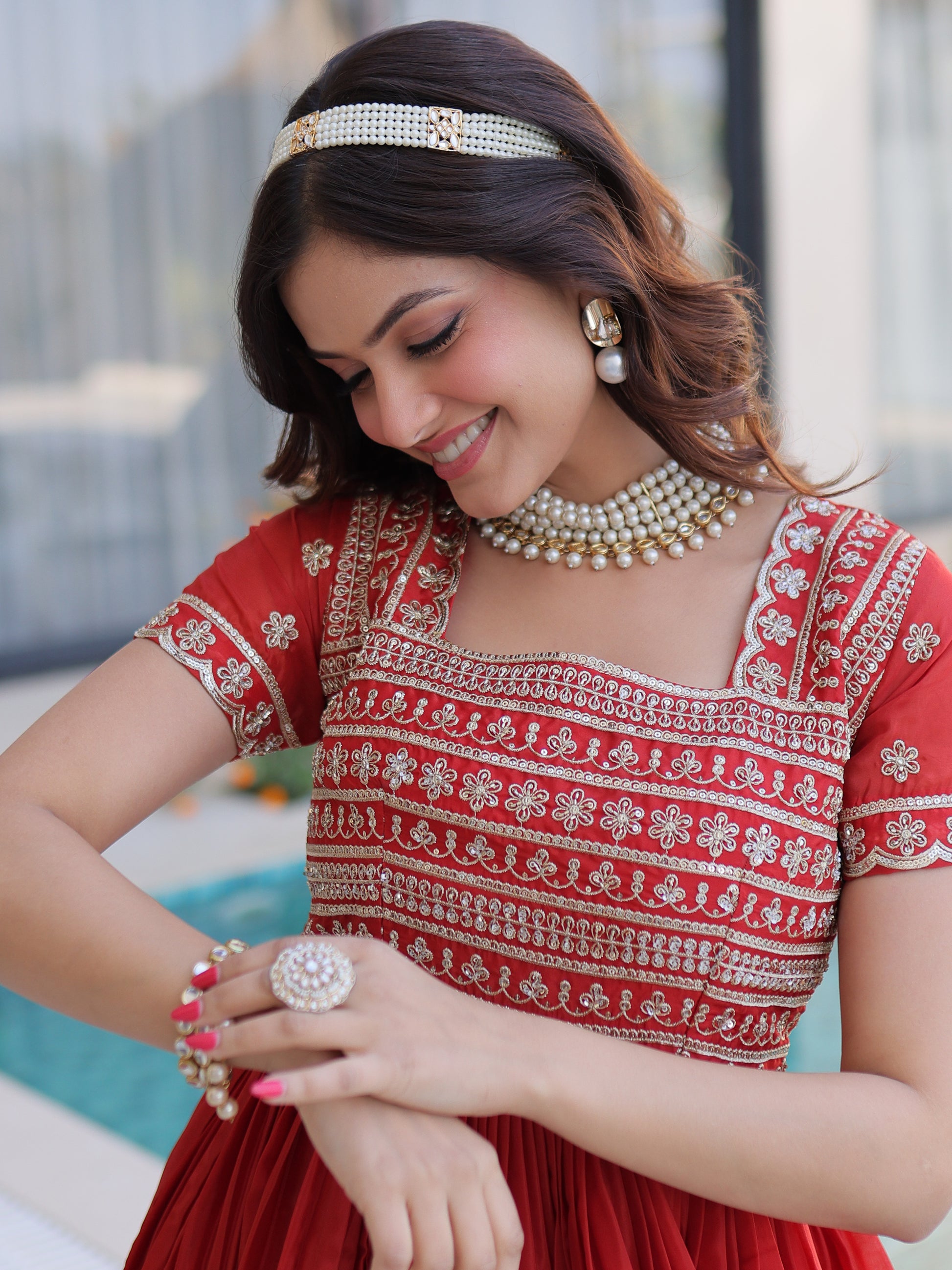 Incredible Red Beads Work Silk Engagement Wear Gown