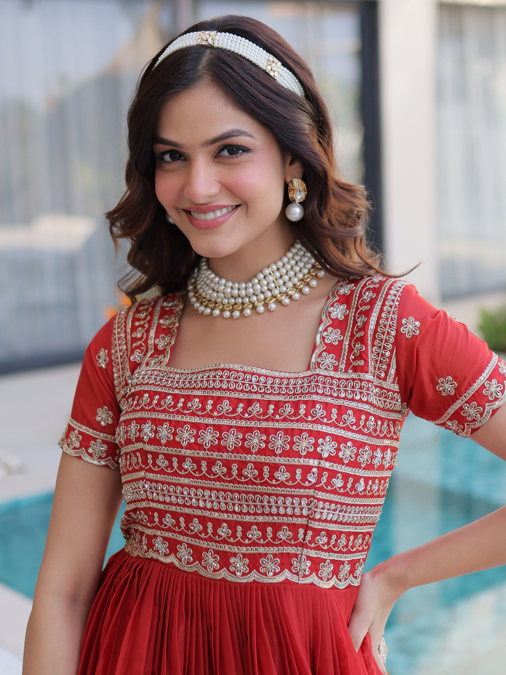Incredible Red Beads Work Silk Engagement Wear Gown