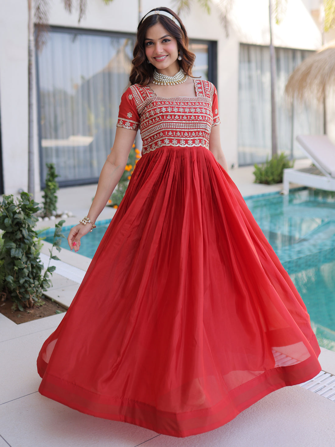 Incredible Red Beads Work Silk Engagement Wear Gown