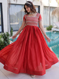 Incredible Red Beads Work Silk Engagement Wear Gown