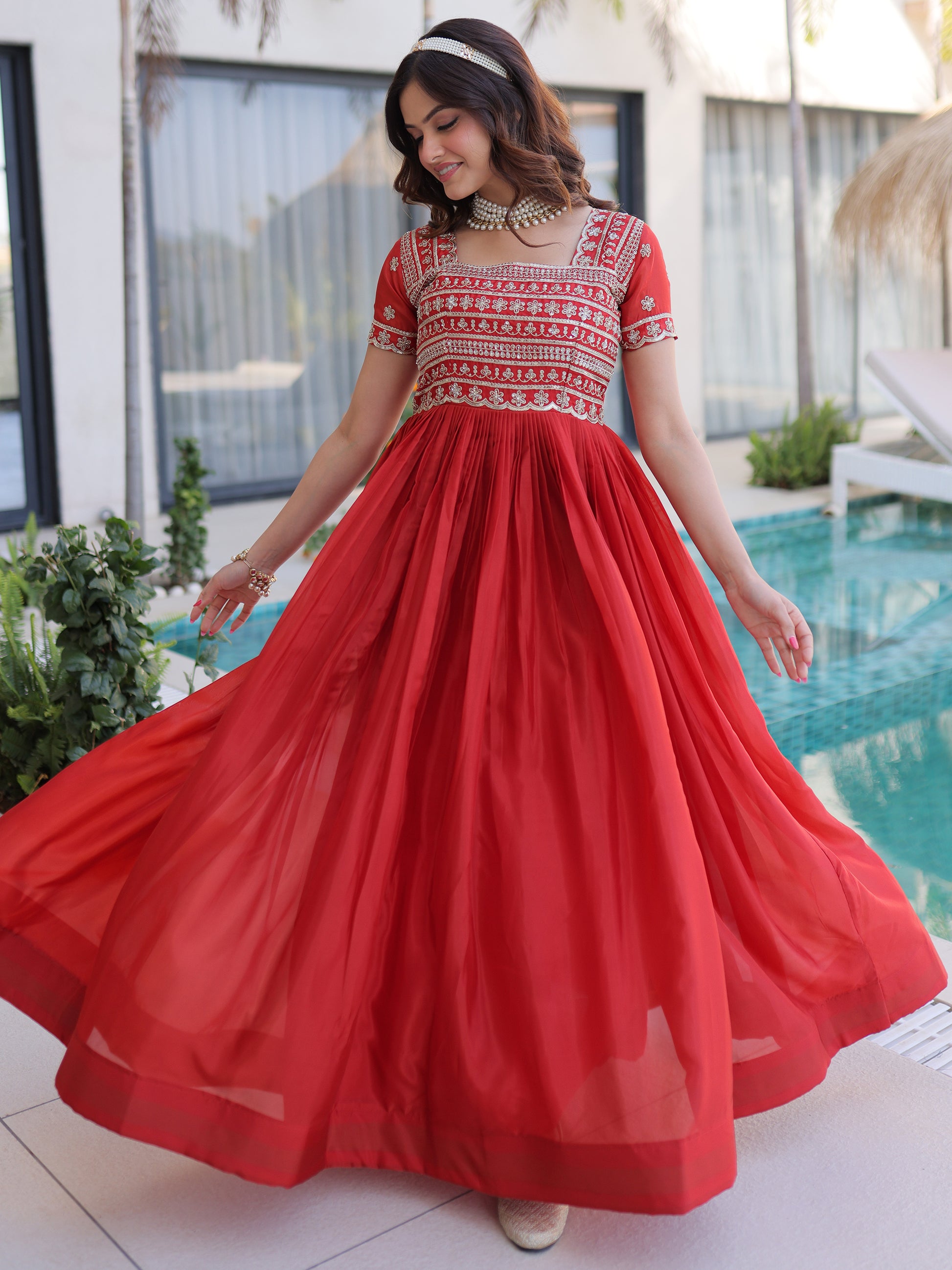 Incredible Red Beads Work Silk Engagement Wear Gown