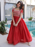 Incredible Red Beads Work Silk Engagement Wear Gown