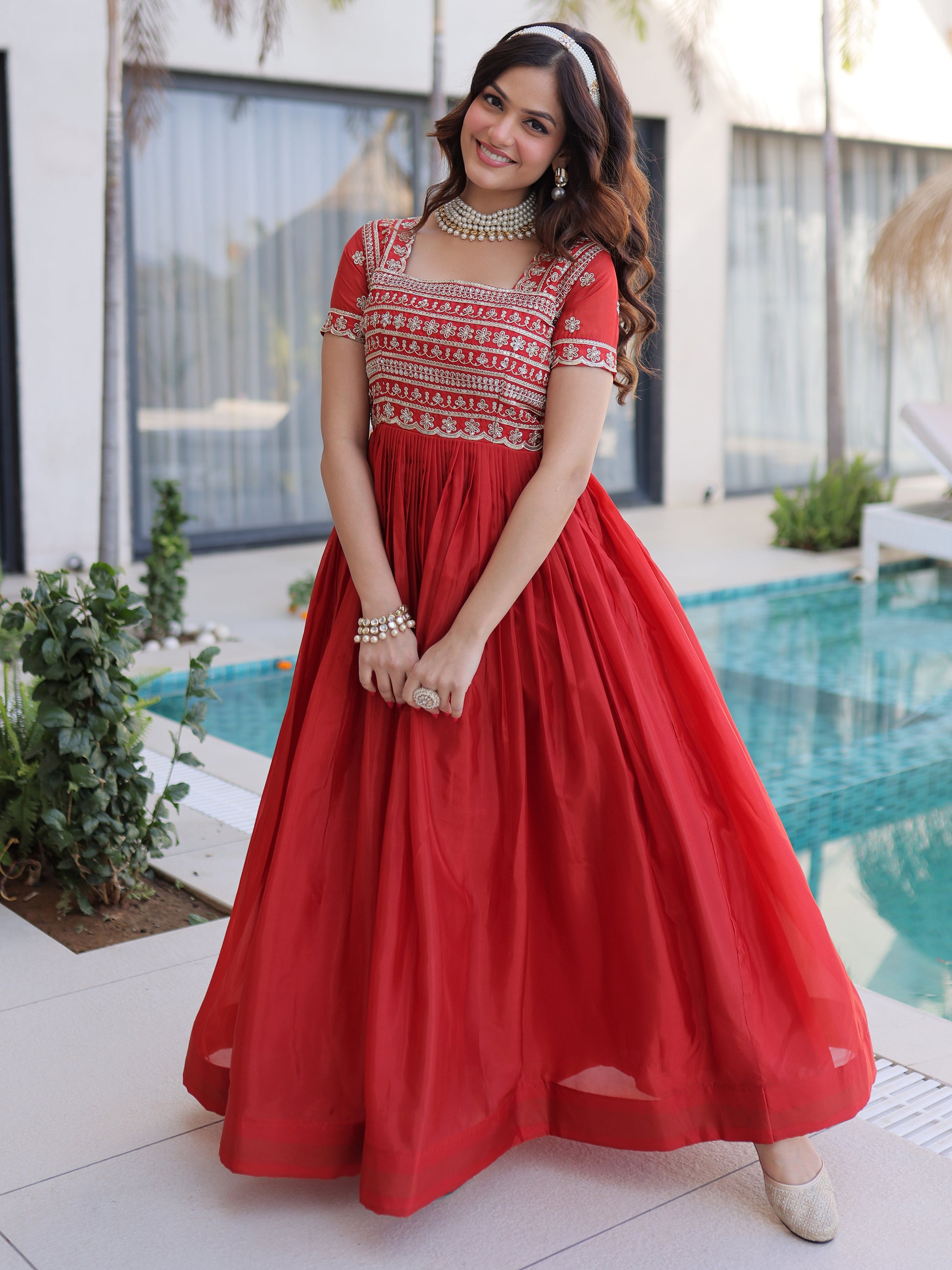 Incredible Red Beads Work Silk Engagement Wear Gown