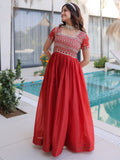 Incredible Red Beads Work Silk Engagement Wear Gown