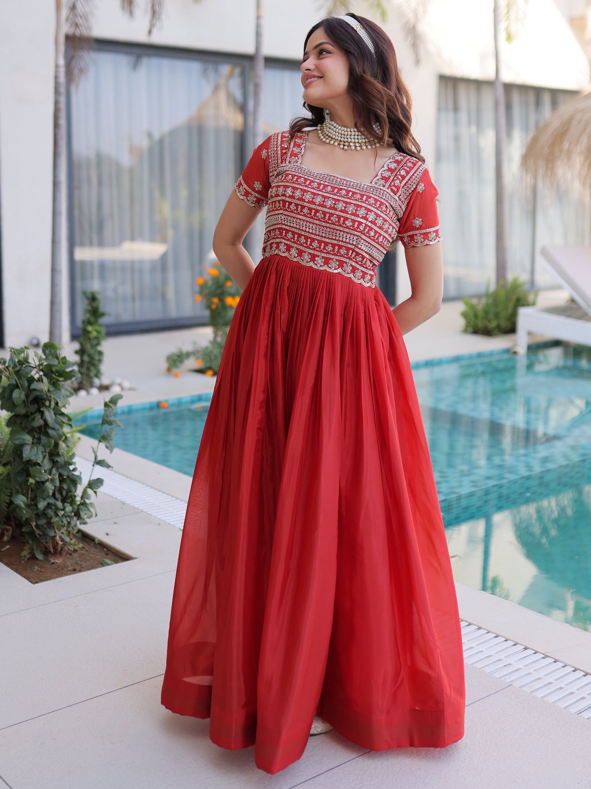 Incredible Red Beads Work Silk Engagement Wear Gown