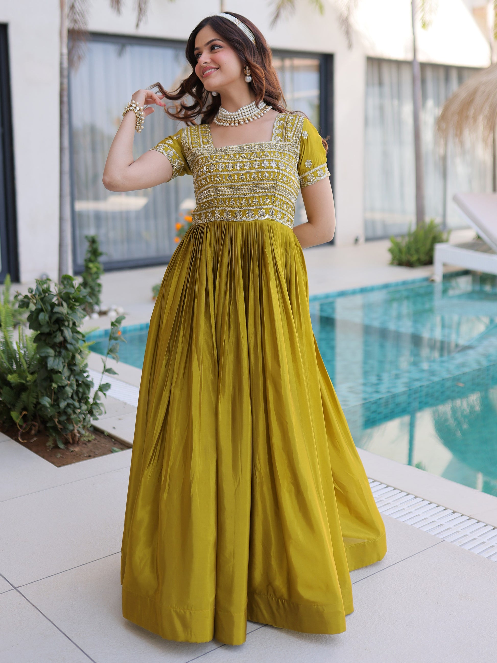 Precious Olive Green Sequins Silk Festival Wear Gown