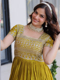 Precious Olive Green Sequins Silk Festival Wear Gown