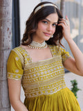 Precious Olive Green Sequins Silk Festival Wear Gown