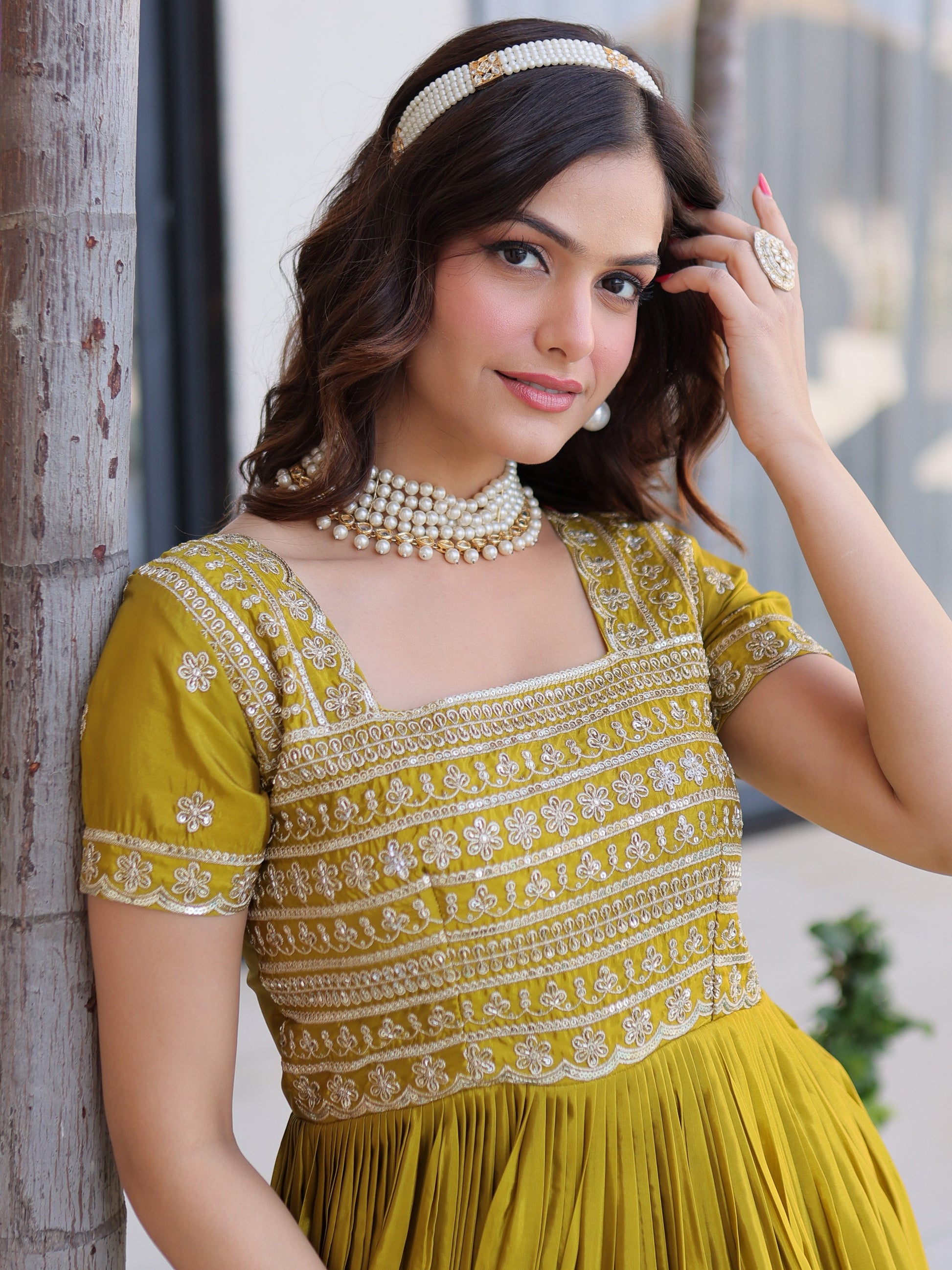 Precious Olive Green Sequins Silk Festival Wear Gown