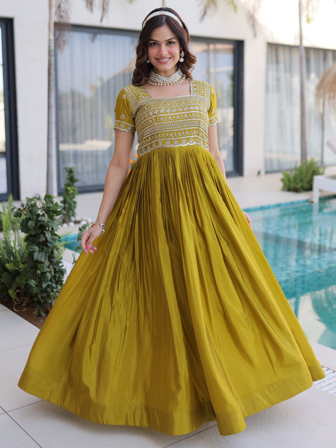 Precious Olive Green Sequins Silk Festival Wear Gown