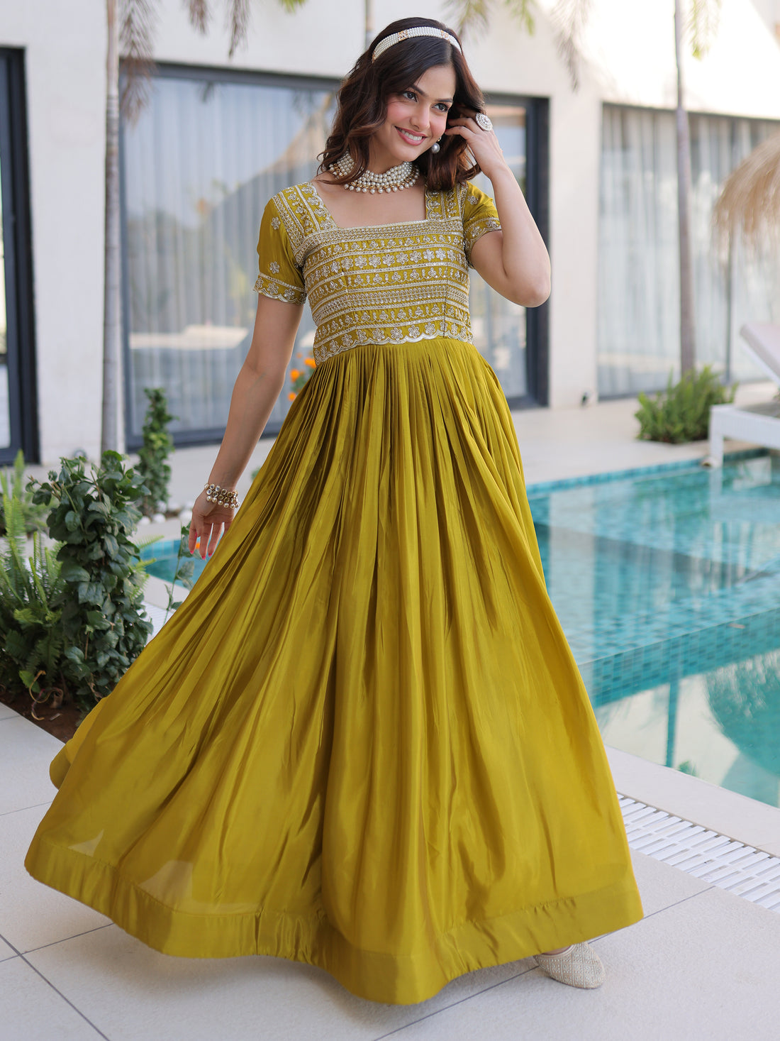 Precious Olive Green Sequins Silk Festival Wear Gown